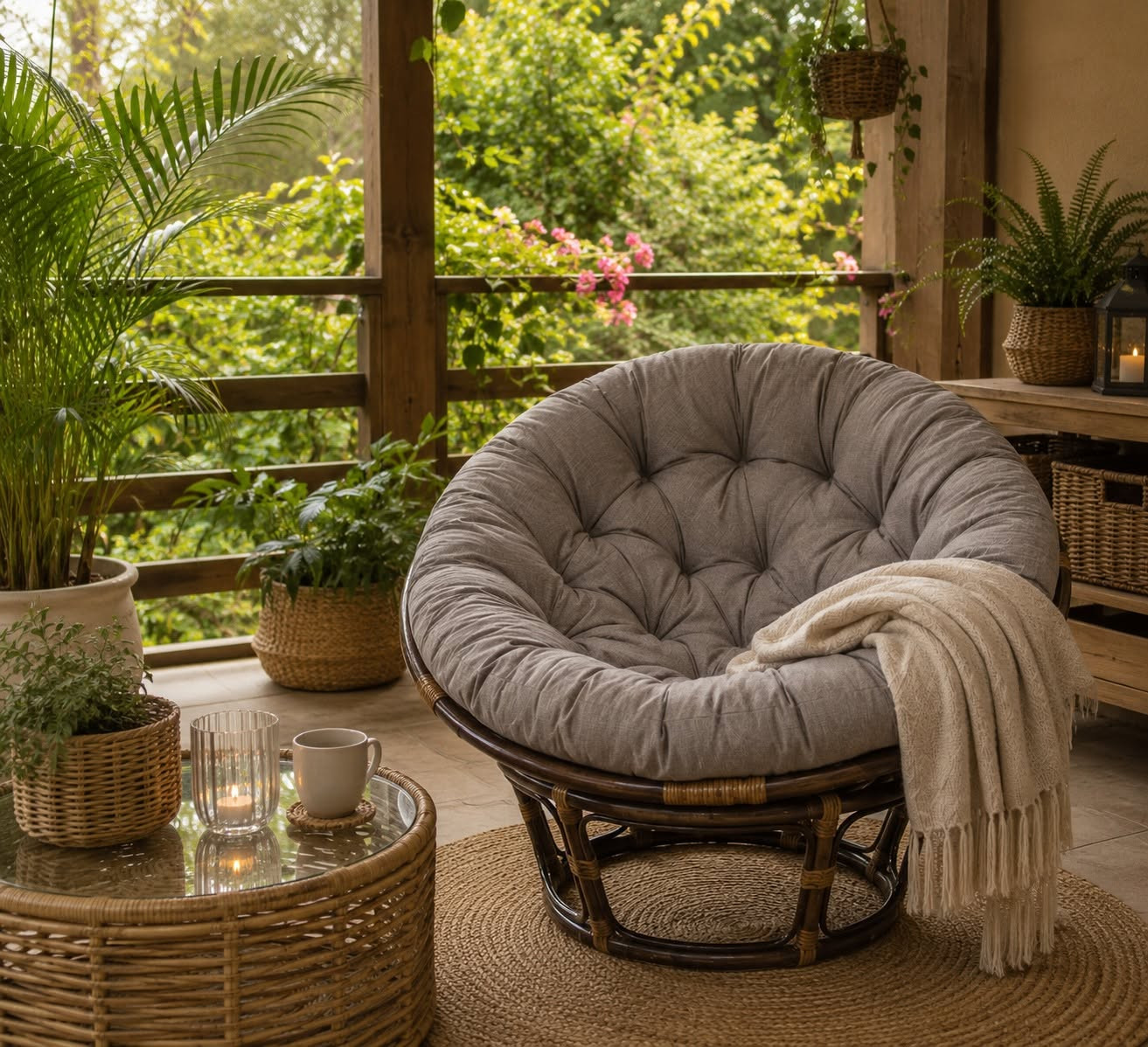 Ratanový PAPASAN 115 cm hnědý polstr šedý melír